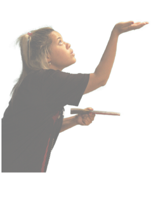Rebekah Higgs -Rebekah Griffith- tracking the ball mid-air during a high-toss service in a table tennis match.