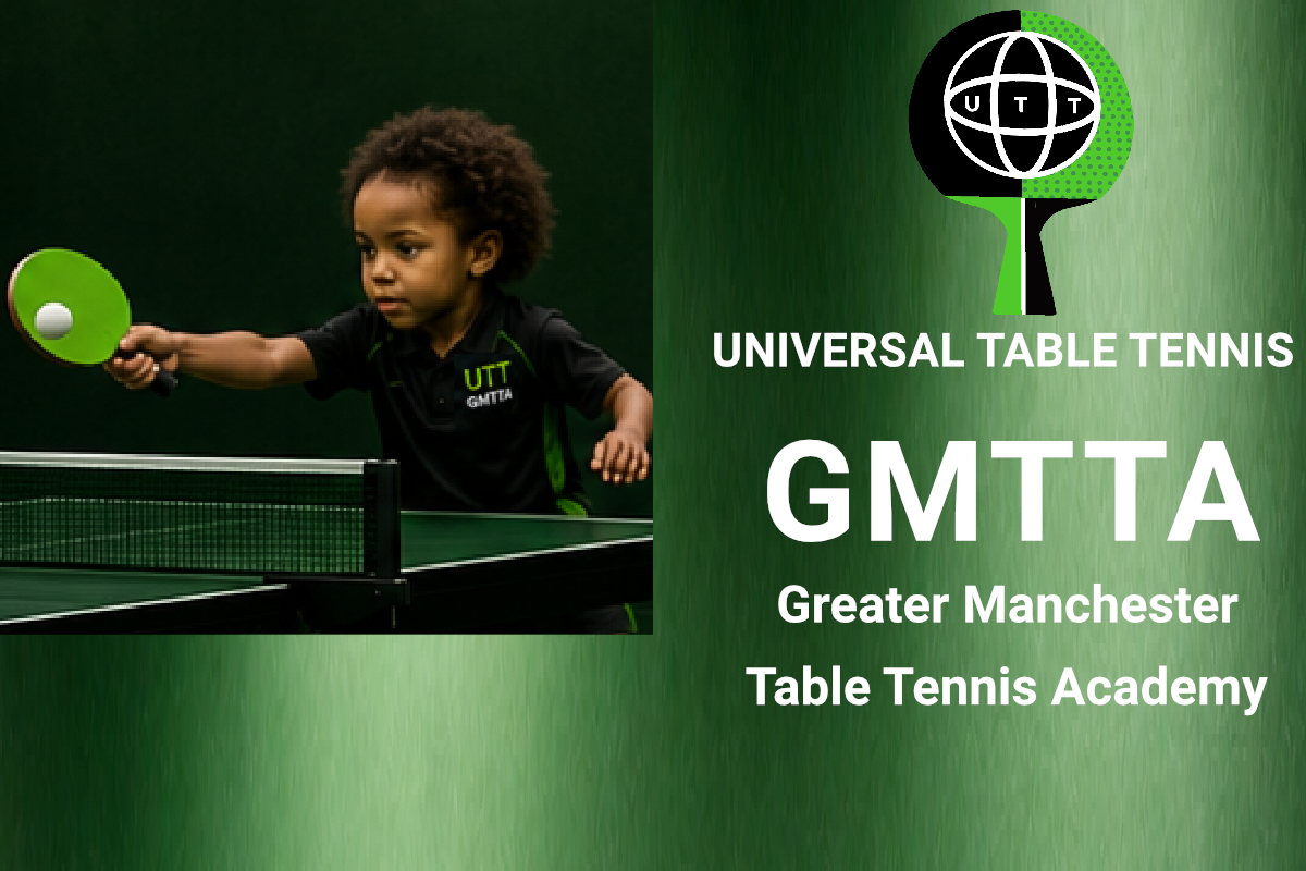 A 4-year-old boy training with a green long pimple forehand bat featuring Universal Table Tennis and GMTTA branding.