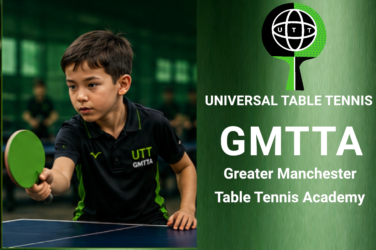 A 9-year-old boy training with a green long pimple forehand bat featuring Universal Table Tennis and GMTTA branding.