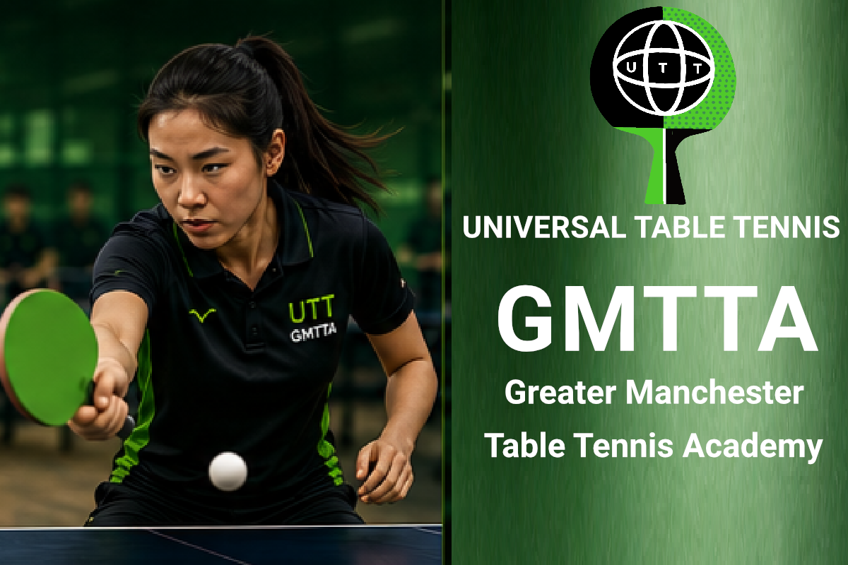 An adult woman training with a green long pimple forehand bat featuring Universal Table Tennis and GMTTA branding.