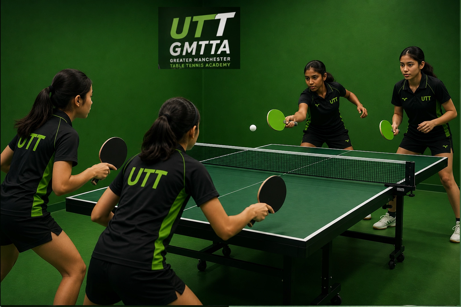 Four female players competing in a doubles match during a Greater Manchester Table Tennis Academy training session.