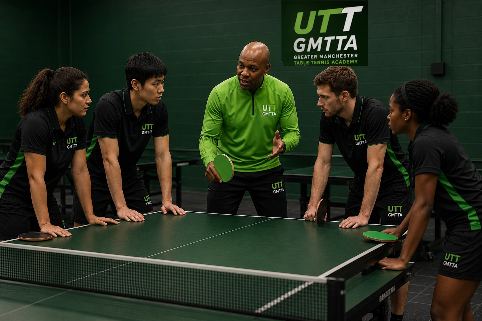 Dave in a green tracksuit giving tactical feedback to 4 Greater Manchester table tennis players around a table.