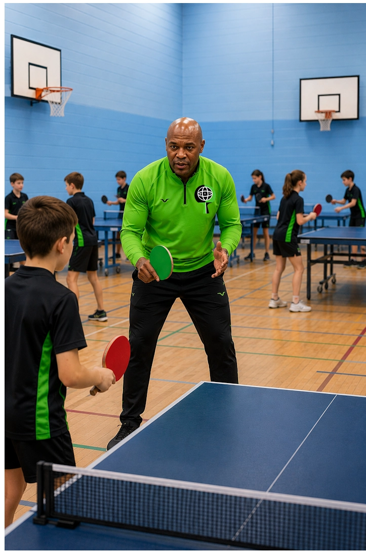Dave coaching at a school session with multiple tables for the Universal Table Tennis community program.