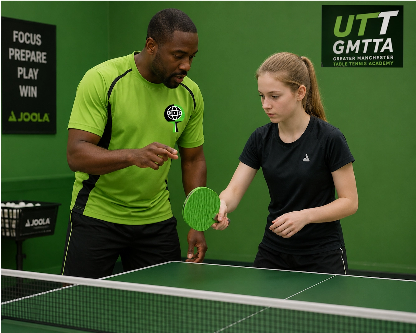 Dave coaching a young girl 1-2-1 using green long pimple rubber on her forehand at universal table tennis.