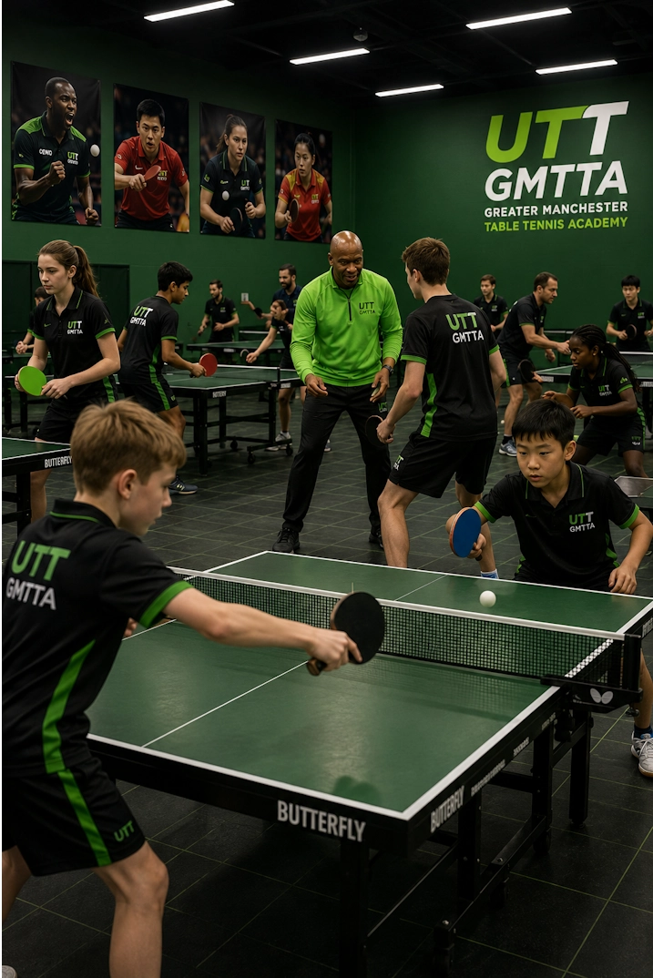 Dave watches from the background as 2 under-11s boys play a match at Greater Manchester Table Tennis Academy via UTT