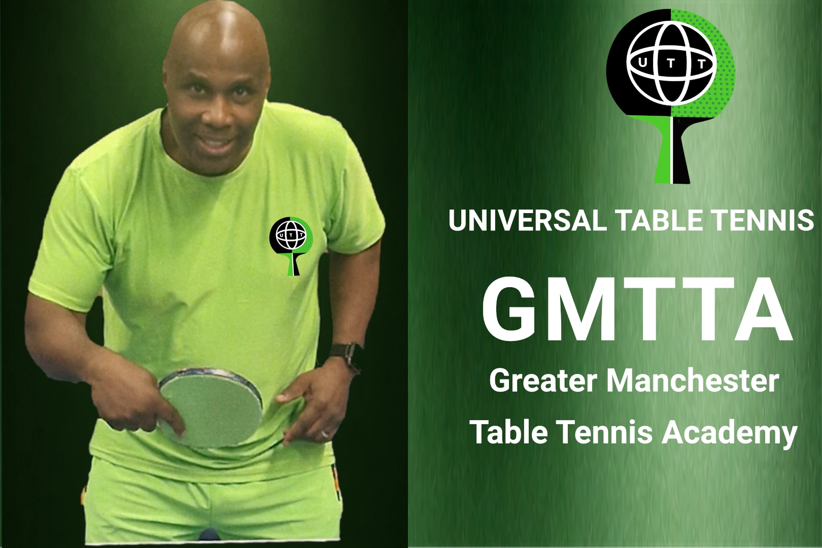 Coach Dave, UTT founder posing with a table tennis bat showing green long pimples at Greater Manchester TT Academy.