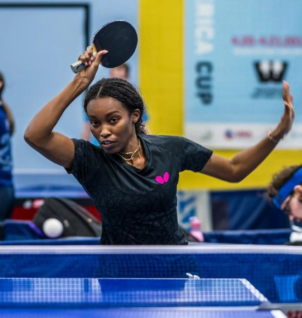 Barbados international Anthonette Riley ready to receive a serve during training with Universal Table Tennis.